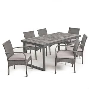 Stamford 7-Piece Wood and Faux Rattan Outdoor Dining Set with Grey Cushions