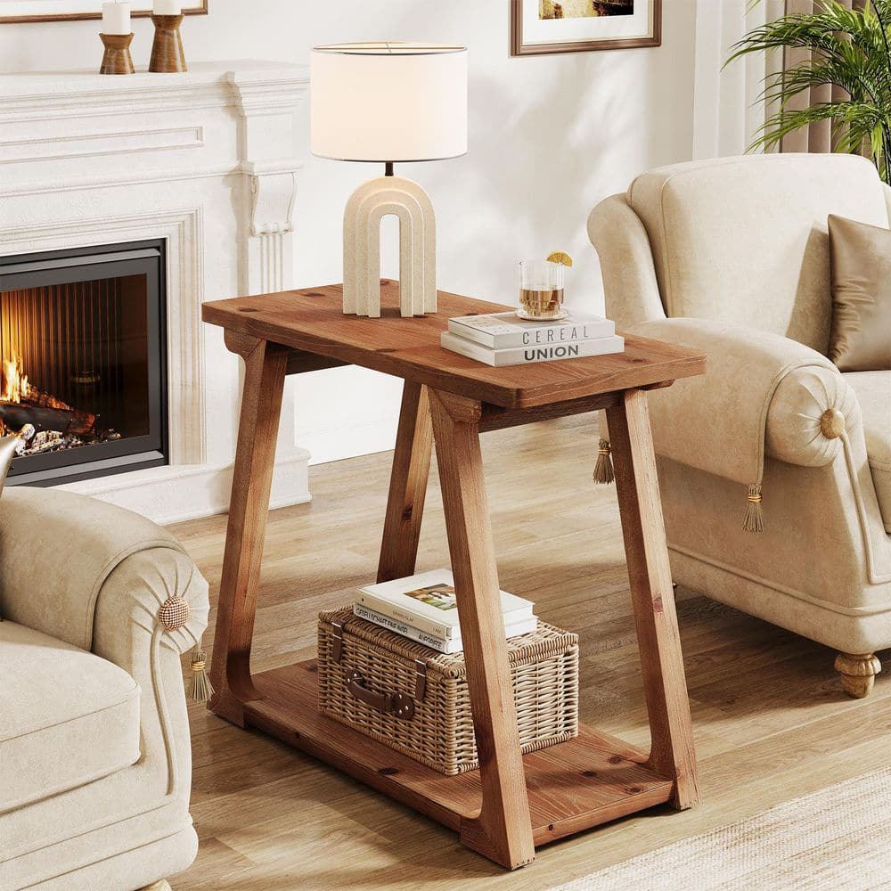 Kerlin 27.6 in. Brown Rectangle Solid Wood End Table, 2-Tier Farmhouse Side Table with Storage Shelf for Living Room