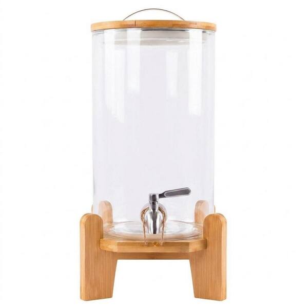 Glass Beverage Dispenser 1.3 Gal. with Wood Stand Stainless Steel Spigot and Fruit Infuser for Parties