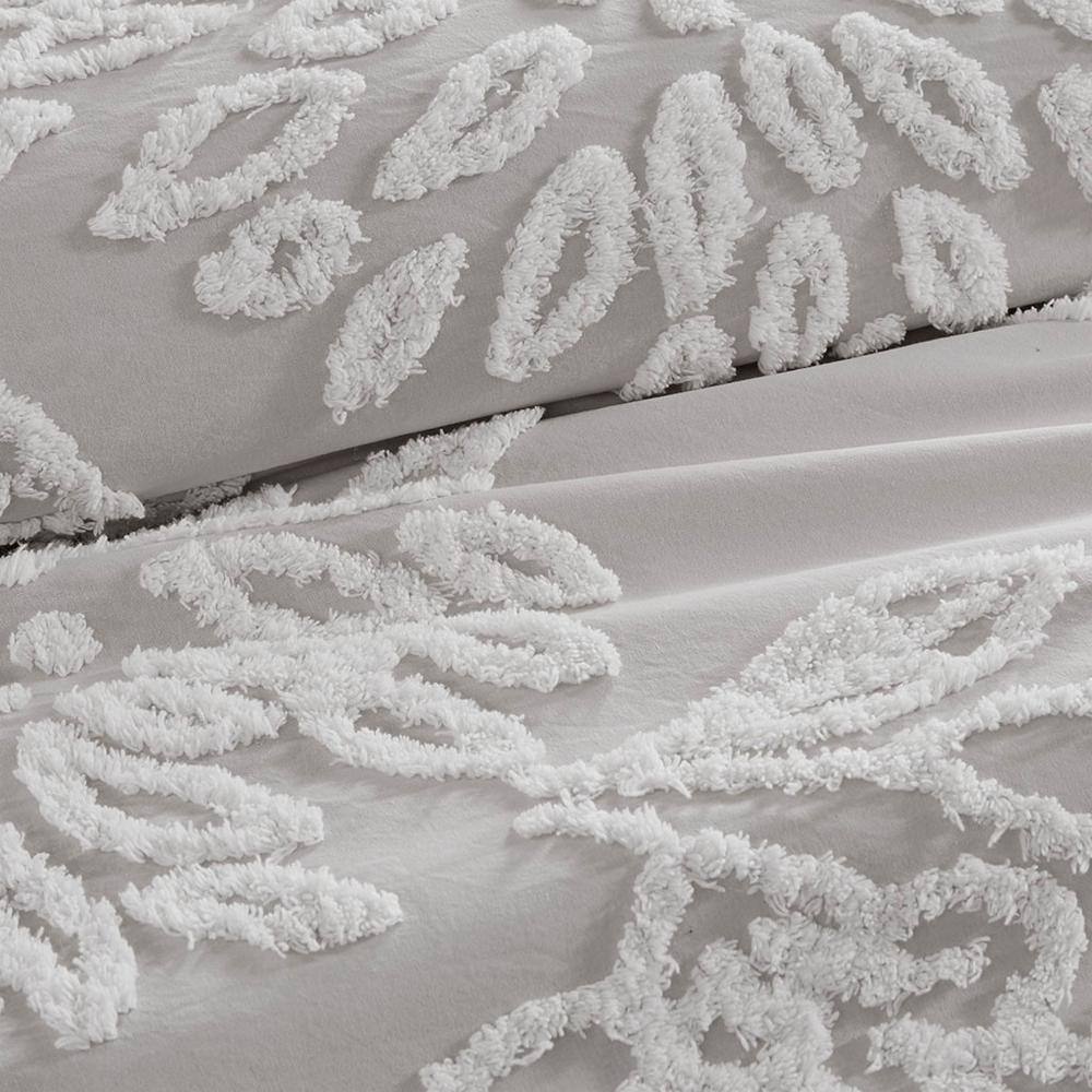 Shabby Chic Grey & White Cotton Chenille Floral Duvet Set - King/Cal King