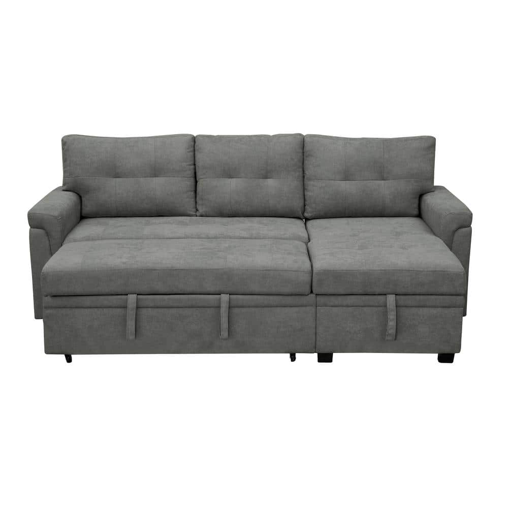 Full Size Upholstered Button Tufted Sofa Bed with Drawers and Waved Shape  Arms, Gray - ModernLuxe