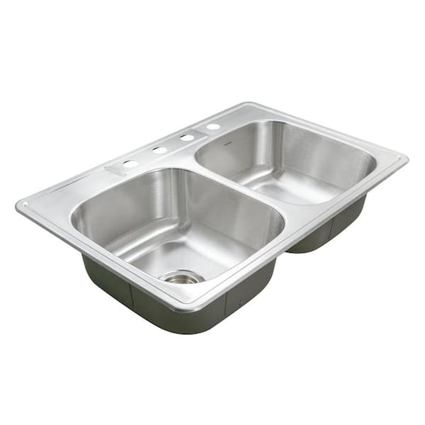 Houzer Glowtone 33 in. Stainless Steel Topmount 4-hole 50/50 Double Bowl 9 in. Deep Kitchen Sink - 3322-9BS4-1