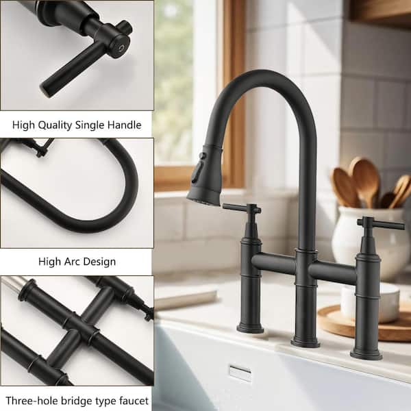 Double Handle Bridge Kitchen Faucet in Matte Black Stainless Steel