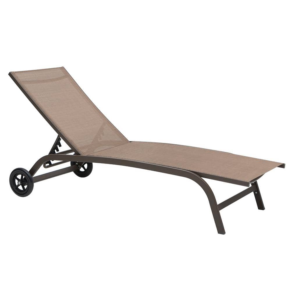Adjustable Brown Aluminum Outdoor Chaise Lounge with Wheels