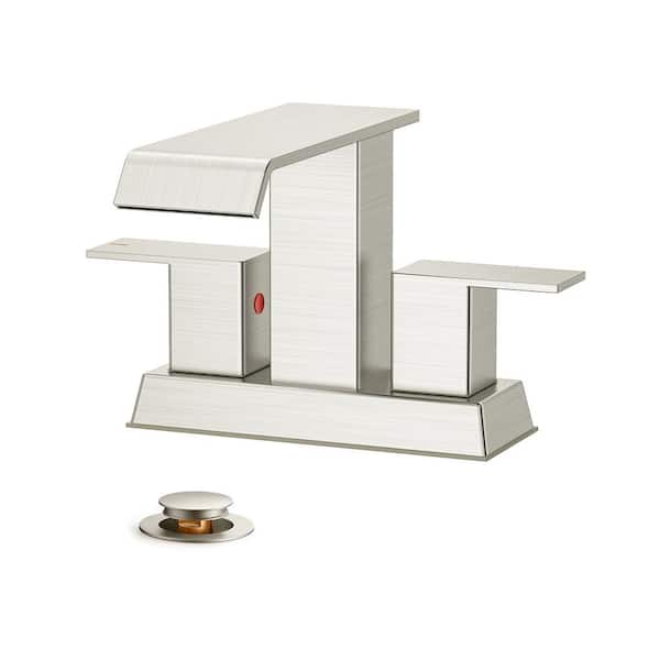 4 in. Centerset Double Handle Low Arc Bathroom Faucet with Pop-up Drain Kit Included in Brushed Nickel
