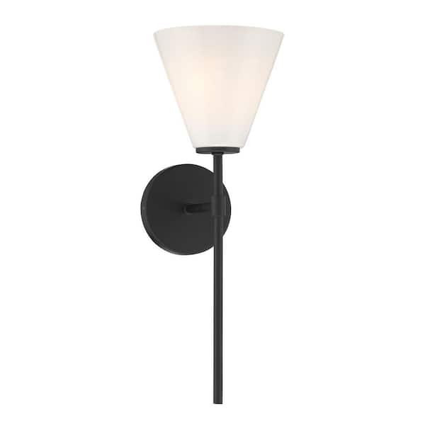 Blair 6.25 in. W x 17.5 in. H 1-Light Matte Black Dimmable Wall Sconce with Strie Glass Shade