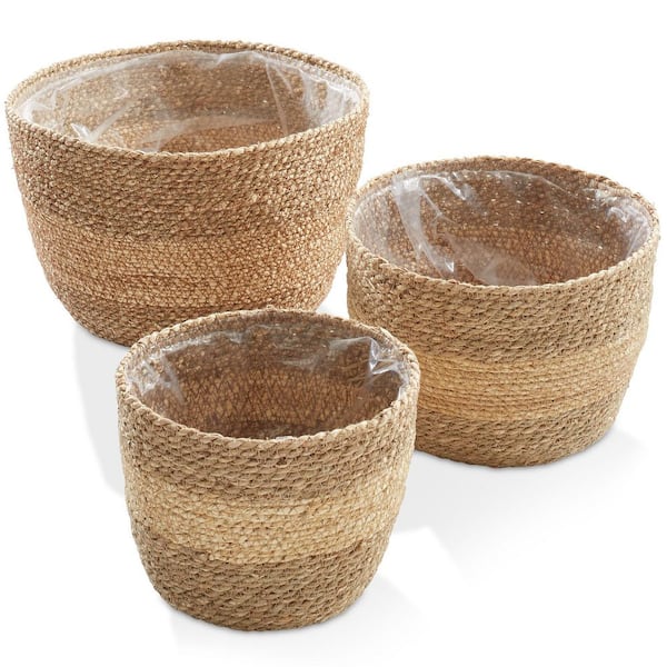 Casafield Brown Natural Two-Tone 10.75 in. x 7 in. Seagrass Decorative Baskets Planters for Flowers, Plants, and Trees (Set of 3)