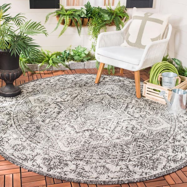 Courtyard Slate/Gray 7 ft. x 7 ft. Round Geometric Indoor/Outdoor Patio  Area Rug