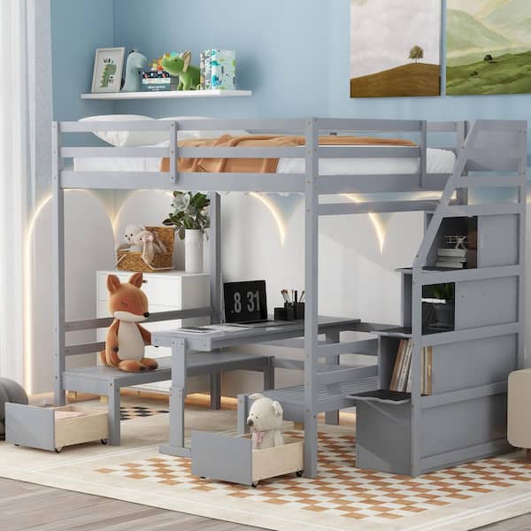 Harper & Bright Designs Convertible Gray Full over Full Size Bunk Bed with Staircase and Drawers