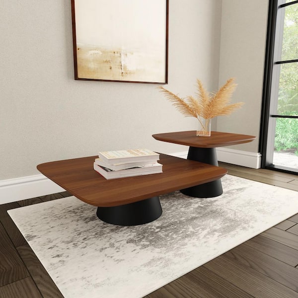 Coaster Eason 39.5 in. Walnut and Black Square Wood Top 2-piece Coffee Table Set