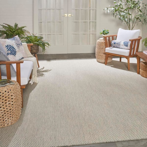 Courtyard Ivory Silver 9 ft. x 12 ft. Geometric Contemporary Indoor/Outdoor Patio Area Rug