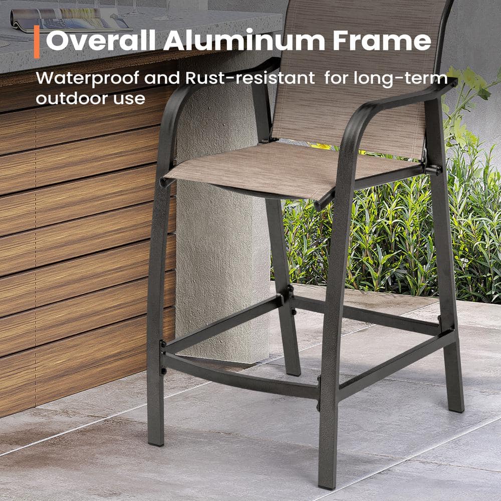 Espresso Aluminum Outdoor Counter Height Bar Stools with Textilene Fabric