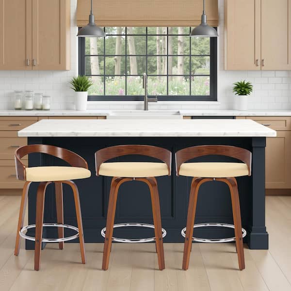 Sonia 31 in. H Cream Low Back Wood Bar Stool with Faux Leather Seat (Set of 3)