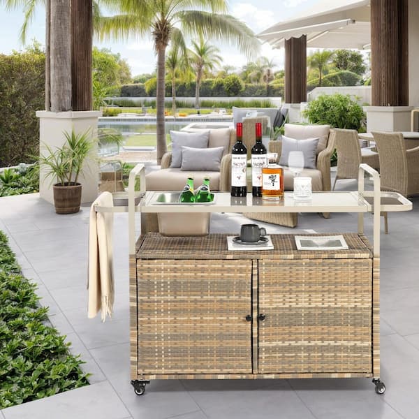 Unbranded Wicker Outdoor Bar Table, Bar Cart with Cabinet, Terrace Bar with Steel Top and Ice Bucket Lockable Wheels, Beige