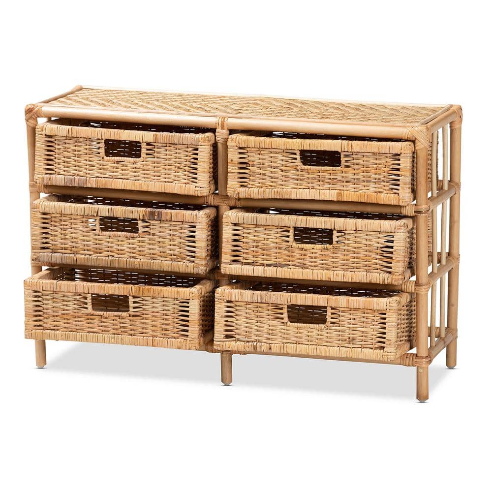 Natural Brown Rattan 6-Drawer Bohemian Storage Cabinet