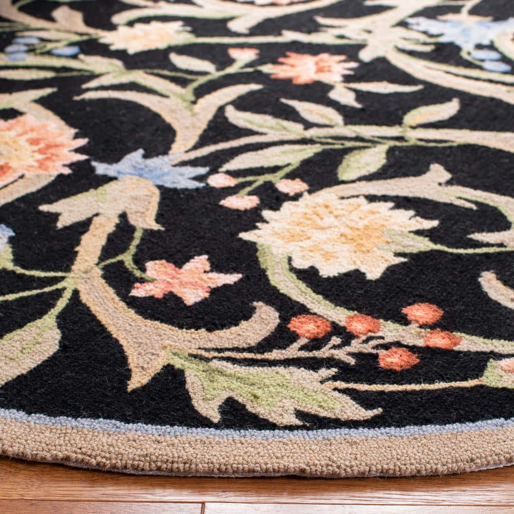 Handcrafted Black Floral Wool 8' Round Area Rug