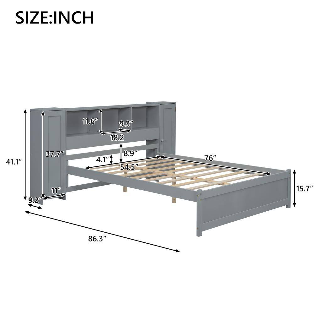 Gray Full Size Wood Platform Bed with Storage Headboard and Cabinets