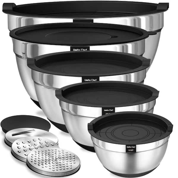 5-Set Stainless Steel Nesting Mixing Bowls with Airtight Lids, 3 Grater Attachments and Non-Slip Bottoms, Black