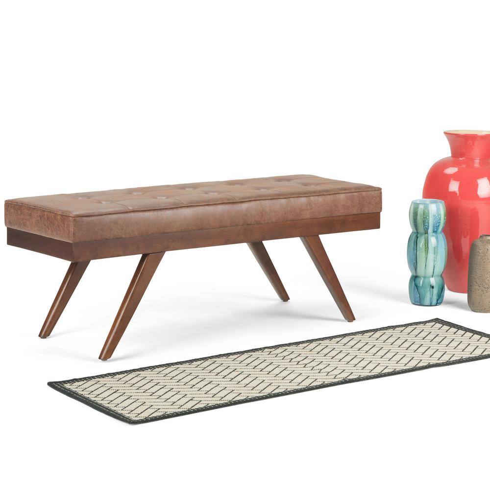 Pierce Distressed Umber Brown Faux Leather Tufted Mid-Century Ottoman Bench