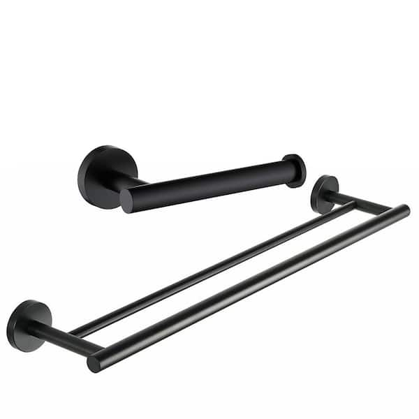 ATKING Wall Mounted 2 -Piece Bath Hardware Set with Double Towel Bar Toilet Paper Holder Mounting Hardware in Matte Black