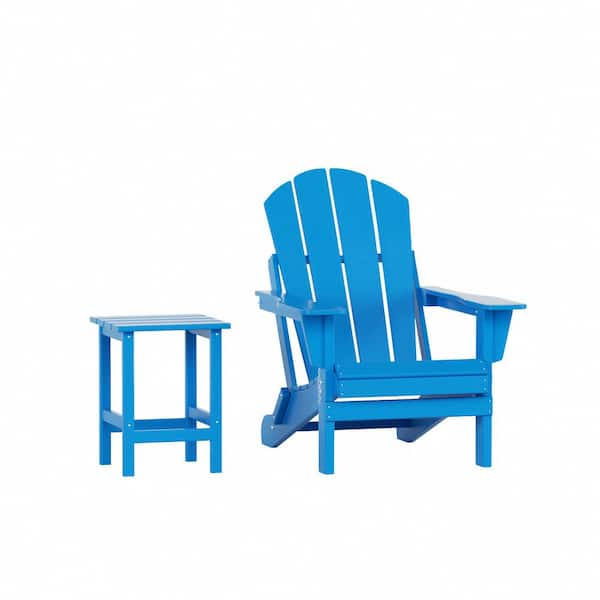 Laguna 2-Piece Fade Resistant Outdoor Patio HDPE Poly Plastic Folding Adirondack Chair and Side Table Set, Pacific Blue