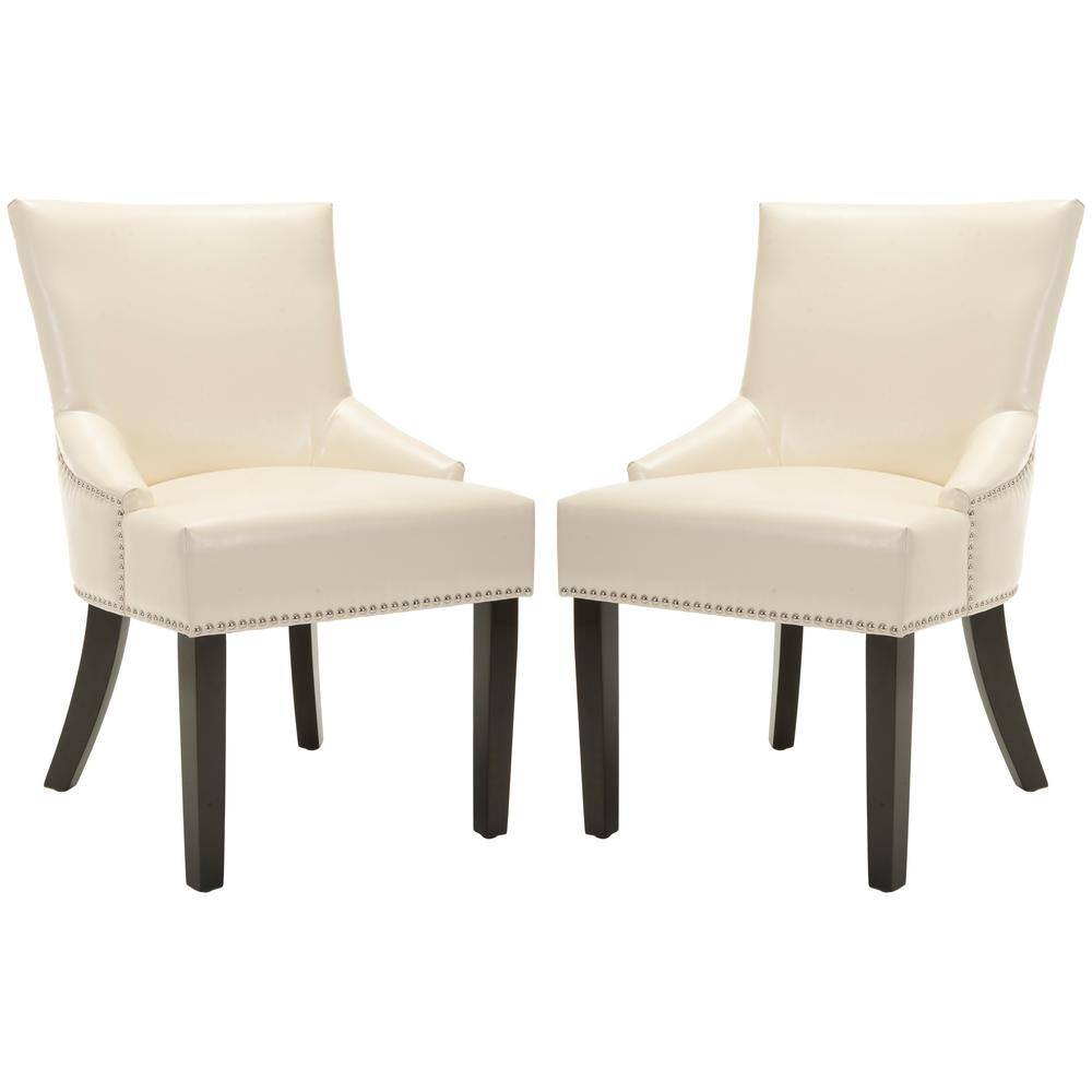 Transitional Flat Cream Leather Upholstered Side Chair with Nailhead Trim