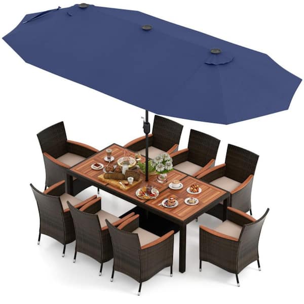 11-Piece Rattan Wicker Outdoor Dining Set with Beige Cushions and 15 ft. Double-Sided Navy Patio Umbrella