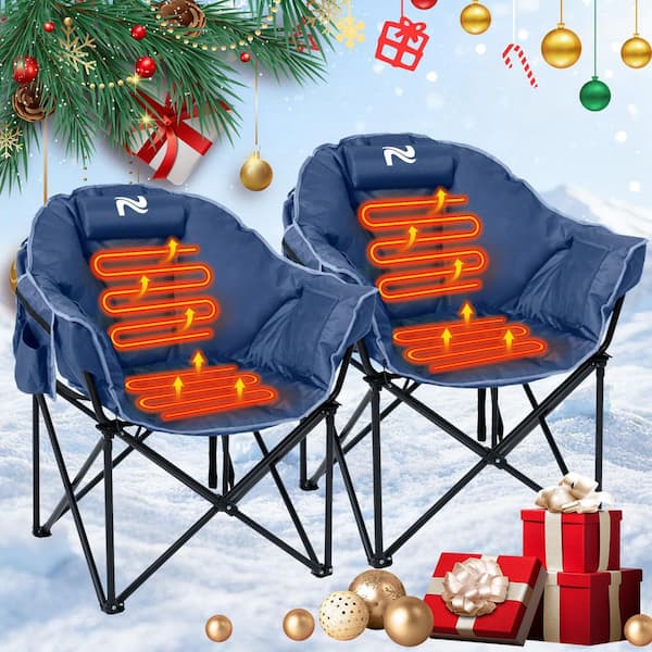 Oversized Heated Camping Chair 3 Heat Levels Heated Moon Folding Chair with Cup Holder and Travel Bag (Teal, 2-Pack)