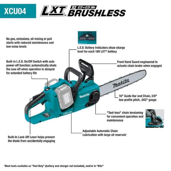 Makita LXT 16 in. 18V X2 36V Lithium Ion Brushless Battery Chain Saw Kit with 4 Batteries 5.0 Ah XCU04PT1 The Home Depot