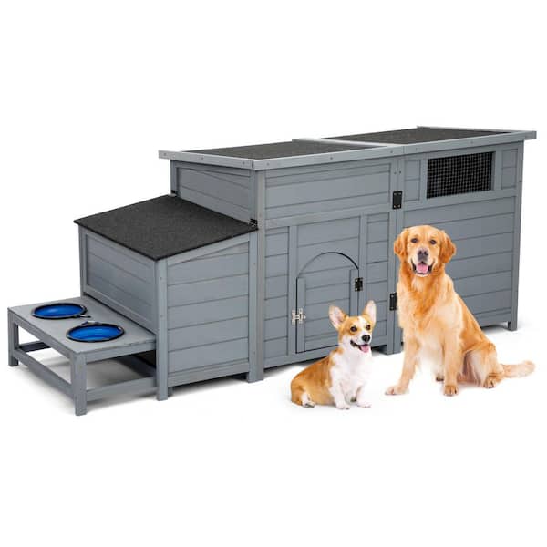 COZIWOW 2-in-1 Outdoor Wood Dog House with Feeding Bowls, Large Dog Kennel, Gray