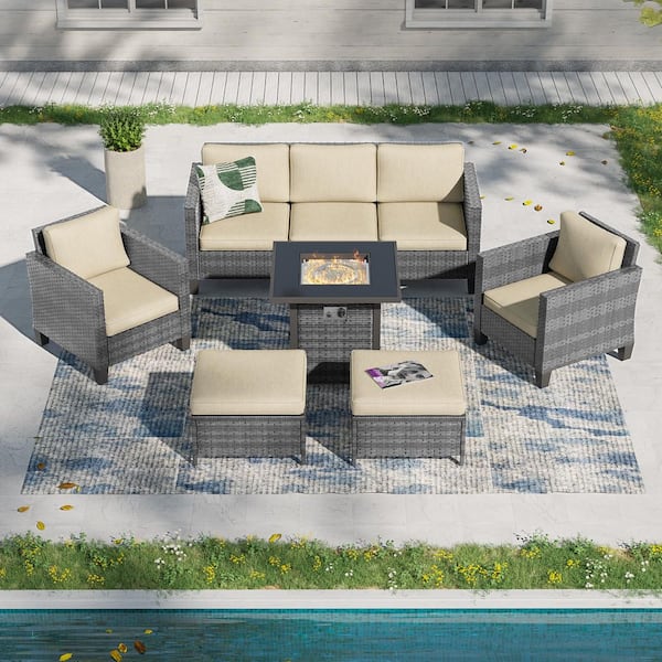 6-Pieces Patio Conversation Set with Square Fire Pit Table and Ottomans, PE Gray Wicker Sofa with Beige Cushion