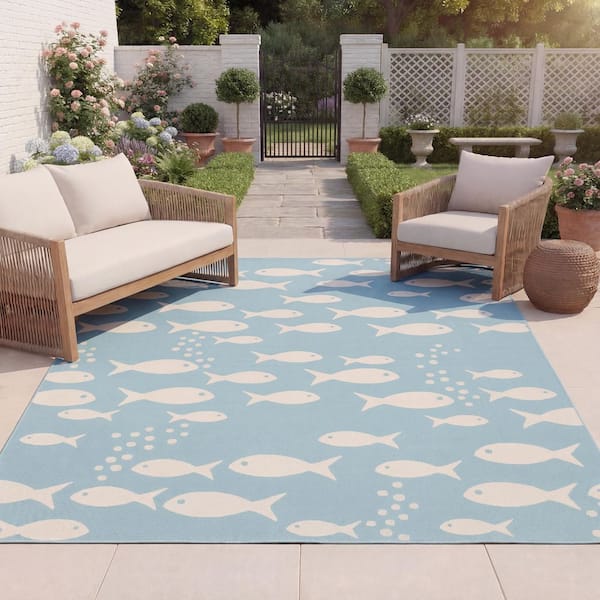 Courtyard Aqua/Beige 8 ft. x 11 ft. Geometric Indoor/Outdoor Patio  Area Rug