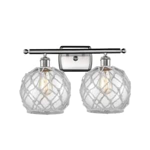 Farmhouse Rope 16 in. 2-Light Brushed Satin Nickel Vanity Light with Clear Glass with White Rope Glass and Rope Shade