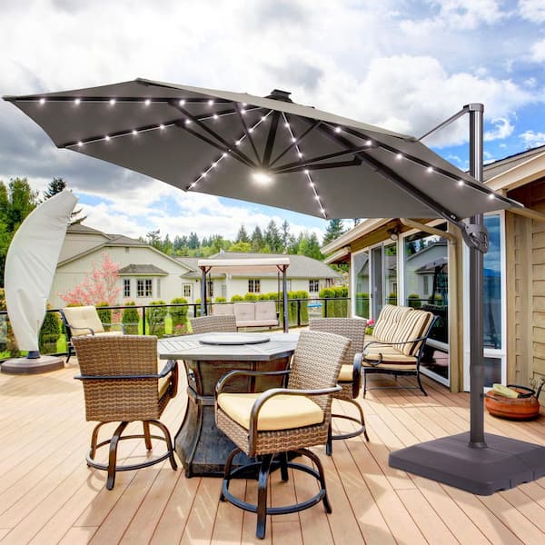 11 ft. Solar LED Outdoor Round Aluminum Cantilever Umbrellas with Base Stand in Gray