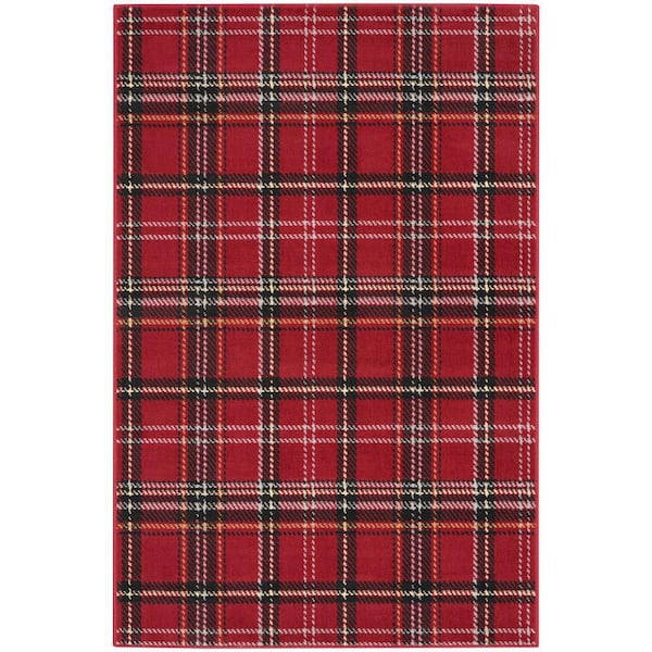 Nourison Grafix Red 3 ft. x 5 ft. Geometric Plaid Modern Kitchen Area Rug