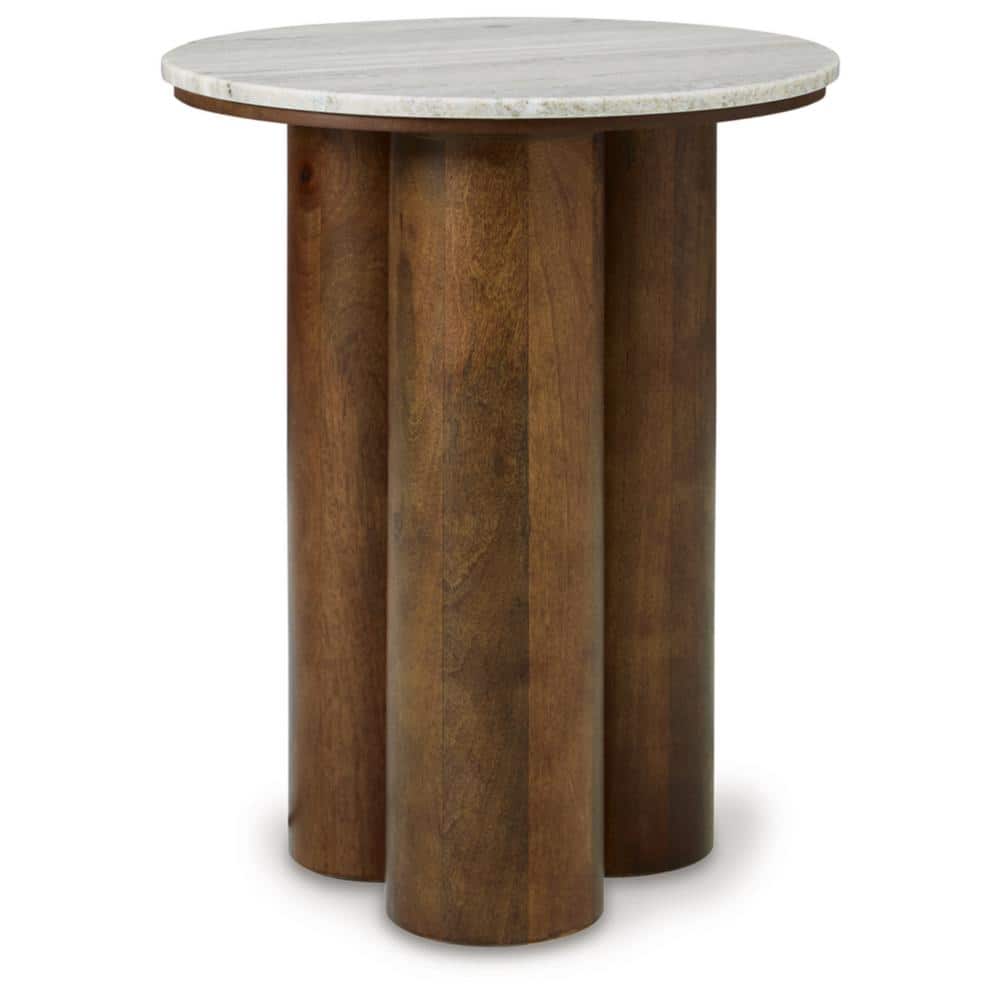 Beige Marble Top Round Wood Accent Table