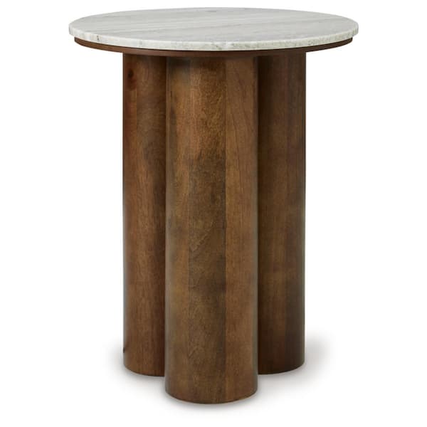 Signature DESIGN BY ASHLEY Henfield 18 in. Beige/Brown Round Marble Accent Table