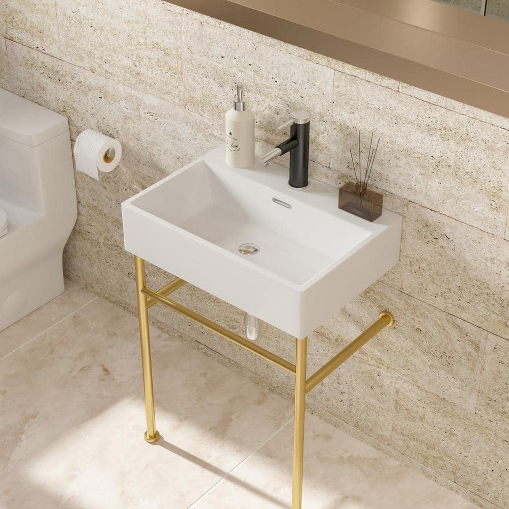 24 Inch White Ceramic Console Sink with Gold Metal Legs