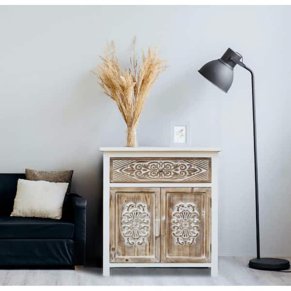 PARISLOFT Rustic White and Natural Carved Wood Carved Cabinet with 1-Drawer and 2-Doors