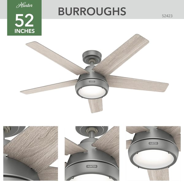 Hunter - Burroughs 52 in. Indoor Matte Silver Ceiling Fan with Light Kit and Remote Included