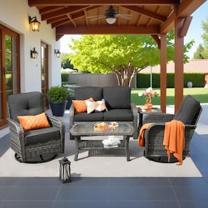 Denali Gray 5-Piece 4-Seat Wicker Modern Outdoor Patio Conversation Sofa Swivel Chair Set with Black Cushions