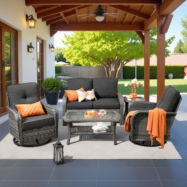 Toject Denali Gray 5-Piece 4-Seat Wicker Modern Outdoor Patio Conversation Sofa Swivel Chair Set with Black Cushions