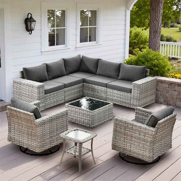 XIZZI Beatrice 9-Piece Wicker Patio Conversation Seating Sofa Set with Black Cushions and Swivel Rocking Chairs