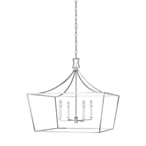 Southold 28 in. W x 25.875 in. H 4-Light Polished Nickel Wide Steel Frame Lantern Chandelier with No Bulbs Included