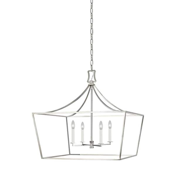 Generation Lighting Southold 28 in. W x 25.875 in. H 4-Light Polished Nickel Wide Steel Frame Lantern Chandelier with No Bulbs Included