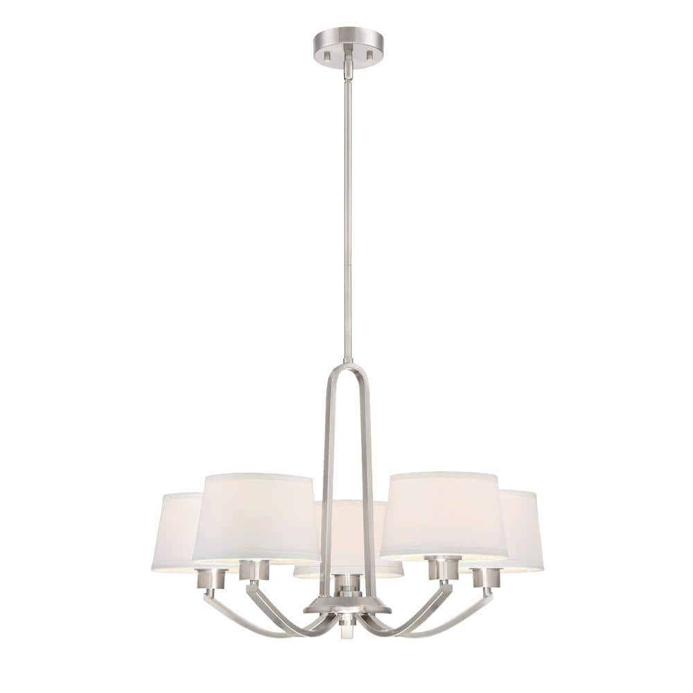 Satin Platinum 5-Light Drum Chandelier with White Fabric Shade