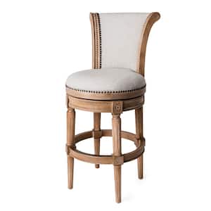 Pullman 31 in. Weathered Oak High Back Wooden Bar Stool with Premium Sand Color Fabric Upholstered Seat