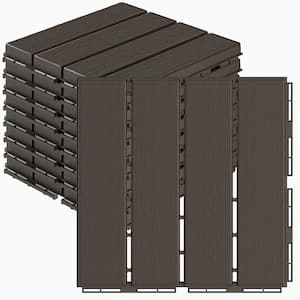 12 in. x 12 in. Plastic Interlocking Deck Tiles Wood Grain Dark Coffee (30-Pack)