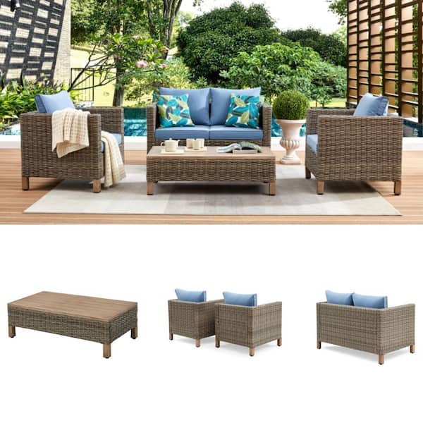 4-Piece Wicker Patio Conversation Set with Blue Cushions