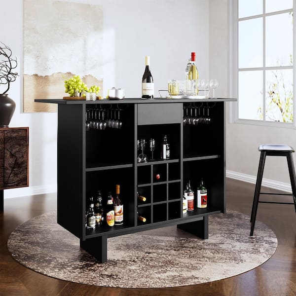 41 in. H MDF Brown Coffee Bar Cabinet with Wine Rack, Drawers, 5 Storage Areas and Anti-Tipping Strip